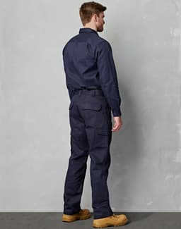 A pair of navy work pants with a drill pocket on the leg, featuring a fitted style and cargo pockets.