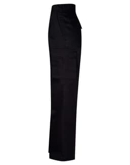 Black long-fit work pants featuring a drill pant pocket on the leg and a logo.