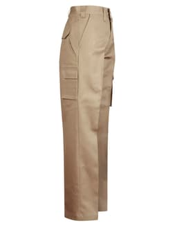 Khaki work pants with a long fit and a drill pant pocket on the leg. Features multiple pockets and a logo.