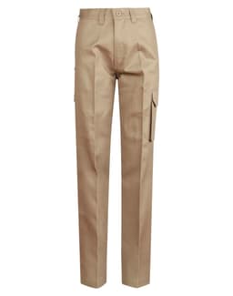A pair of long fit, beige work pants with a side pocket and a logo. Suitable for workwear.