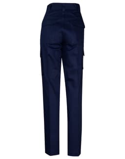 Navy blue work pants featuring side pockets, suitable for various work environments. Includes a logo.