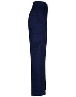 Navy work pants featuring multiple side pockets and a long fit design. Includes a branding logo.