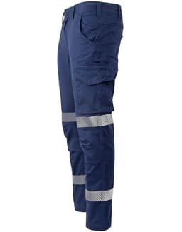 Unisex cotton stretch ripstop segmented work pants in navy blue featuring reflective stripes and multiple pockets.