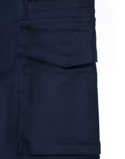 Navy unisex cotton stretch ripstop segmented work pants featuring multiple cargo pockets and a logo.