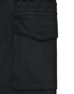 Black unisex cotton stretch ripstop work pants featuring multiple pockets and a logo.