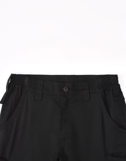 A pair of black unisex cotton stretch ripstop work pants with a button and adjustable waistband.