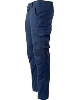 Unisex cotton stretch ripstop work pants in navy blue with multiple pockets and a fitted design.