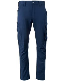 Unisex cotton stretch ripstop work pants in navy blue with side pockets and a fitted design. Features a logo.