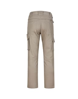 A pair of khaki unisex cotton stretch ripstop work pants, featuring cargo pockets and a relaxed fit.