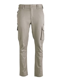 Unisex cotton stretch ripstop work pants in beige with cargo pockets and a logo.