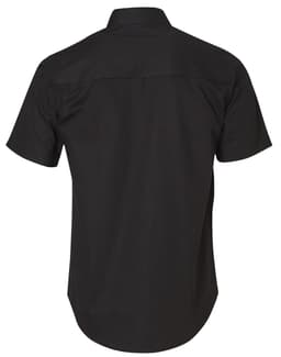 A short-sleeve cotton work shirt in black, featuring a back yoke and a logo.