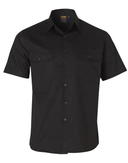 A black short-sleeved cotton work shirt featuring two chest pockets and a logo.