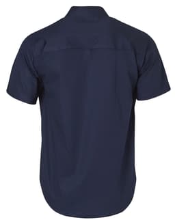 A navy short-sleeve cotton work shirt with a back yoke and one logo.