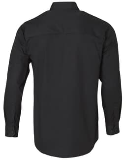A long-sleeve cotton work shirt in black with a logo on the back.