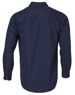 A navy long-sleeve cotton work shirt with a back yoke and buttoned cuffs. Features a logo.