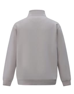 A polar fleece jumper in a light grey shade with a half zip collar and long sleeves. Features a logo on the back.