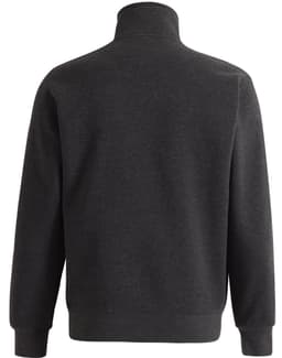 A dark grey 1/2 zip collar fleecy jumper with long sleeves and a casual fit. Features a branding logo.