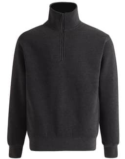 A dark grey 1/2 zip collar fleecy jumper featuring long sleeves and elastic cuffs. It has a logo on the chest.