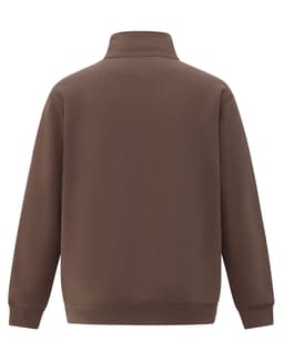 A brown 1/2 zip collar fleecy sweat in a plain design, featuring a logo on the back.