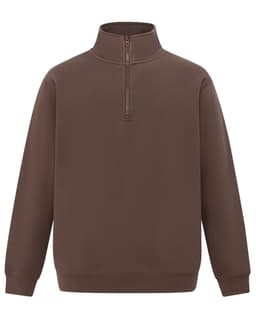 A brown 1/2 zip collar fleecy sweat featuring a regular fit and long sleeves. It has a logo on the front.