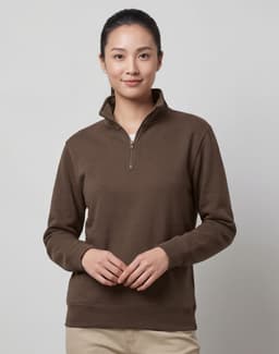 A brown 1/2 zip collar fleece jumper featuring a zip at the neckline and long sleeves. It has a logo on it.