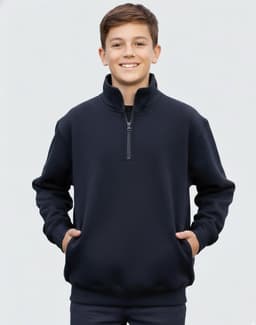A navy blue kids' half zip collar fleecy sweatshirt with long sleeves and a front zipper. It features a logo.