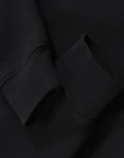 A black half-zip collar fleecy sweat featuring a close-up of the cuff detail. It includes a branding logo.