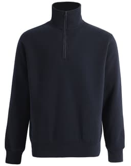 A navy fleecey sweat with a half zip collar and long sleeves, featuring a simple design and a small logo.