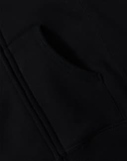 A black full-zip fleecy hoodie featuring a front pocket and stitched detailing. Includes a logo.