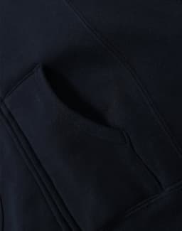 A navy full-zip fleecy hoodie with a front pocket, featuring a soft fabric texture.
