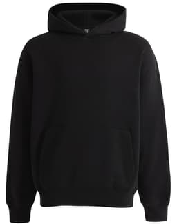 A black unisex premium fleece oversized hoodie with a front pocket and a hood. Features a logo.