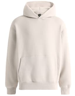 A unisex premium fleece oversized hoodie in cream with a front pocket and a hood. Features a logo.