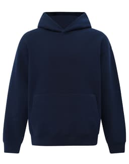 A unisex premium fleece oversized hoodie in navy blue, featuring a front pocket and a hood. It has a logo.