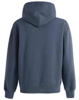 A navy blue unisex premium fleece oversized hoodie with a hood and long sleeves. It features a branding logo.