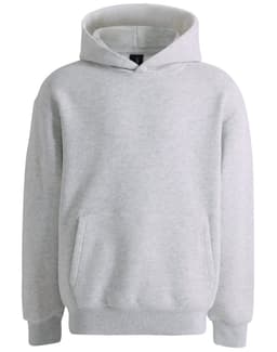 A grey unisex premium fleece oversized hoodie featuring a kangaroo pocket and a hood, with a logo on the front.