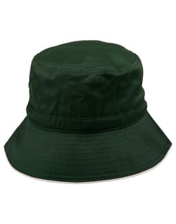 A green bucket hat with a wide brim and an adjustable toggle, featuring a logo.