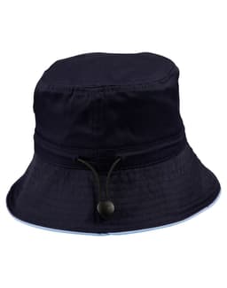 A navy blue bucket hat featuring a toggle adjustment and a brim design. It includes a logo detail.