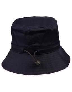 A navy bucket hat with a toggle adjuster, featuring a wide brim for added sun protection.