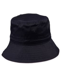 A black bucket hat with a wide brim and a toggle for adjustment, featuring a simple design.