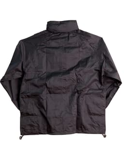 A rain jacket in black with a simple design and a logo on the back.