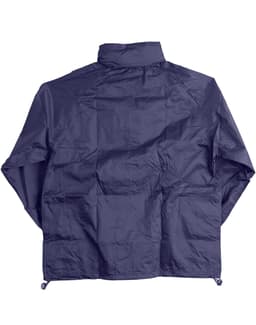 A navy outdoor activity spray jacket featuring a back view and a hood, with a logo present.