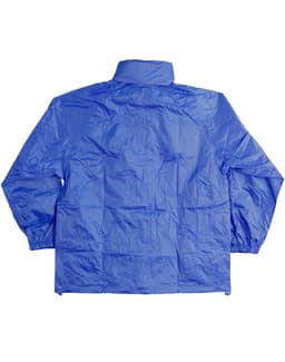 A blue outdoor activity spray jacket with a collar and long sleeves, featuring a logo.