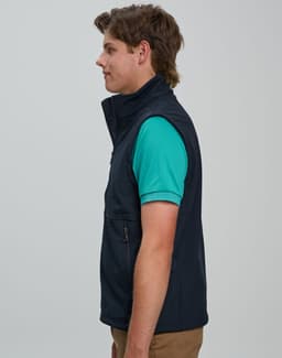 A men's softshell hi-tech vest in navy, featuring a fitted design and a logo on the chest.