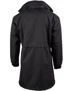 A black long line stadium jacket featuring a drawstring waist and elastic cuffs. It has a logo on the back.