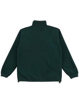 A dark green unisex polar fleece jumper with long sleeves and a high collar. Features elasticised cuffs.
