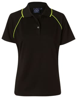 A black ladies polo shirt with green accent lines and a collar, featuring a logo on the front.