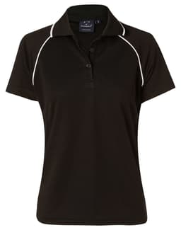 A black ladies polo shirt with white piping, featuring a collar and short sleeves, along with a branding logo.