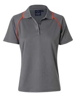 A grey ladies polo shirt featuring a collar and orange piping, with a logo on the chest.