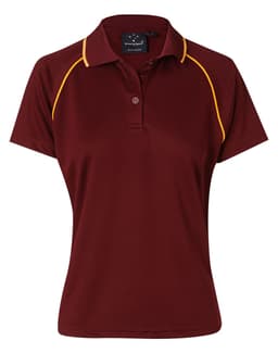 A maroon polo shirt with yellow detailing and a collar, featuring a branding logo.