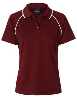 A maroon ladies polo shirt featuring a white trim and a small logo on the chest. Short sleeves and a classic collar.